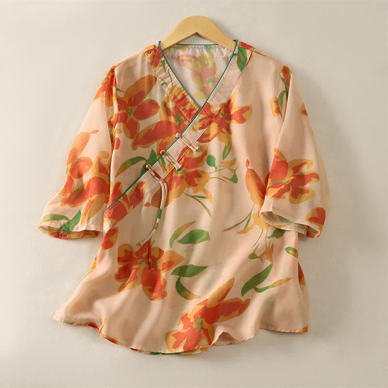 Buddha Stones Summer Tang Style Floral V-Neck Women's Short Sleeve Shirts - image 0