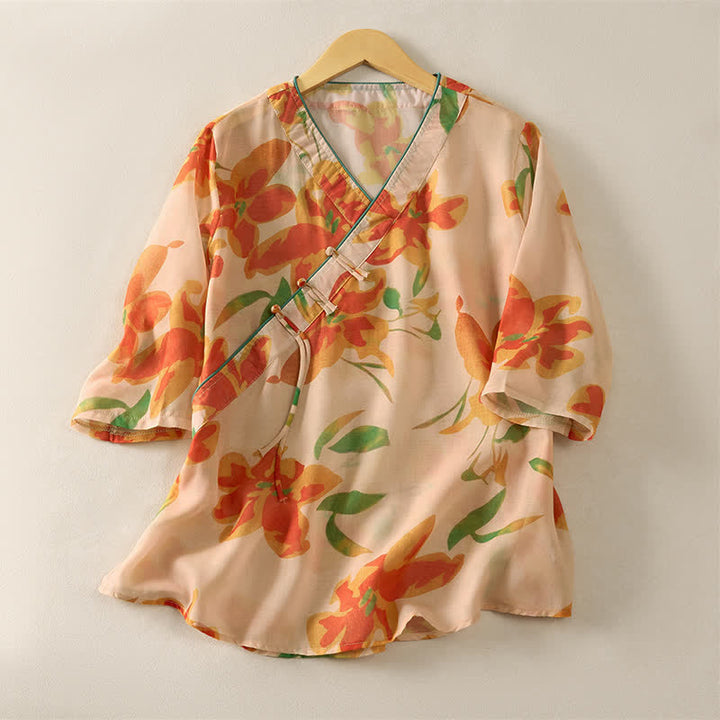 Buddha Stones Summer Tang Style Floral V-Neck Women's Short Sleeve Shirts - image 0