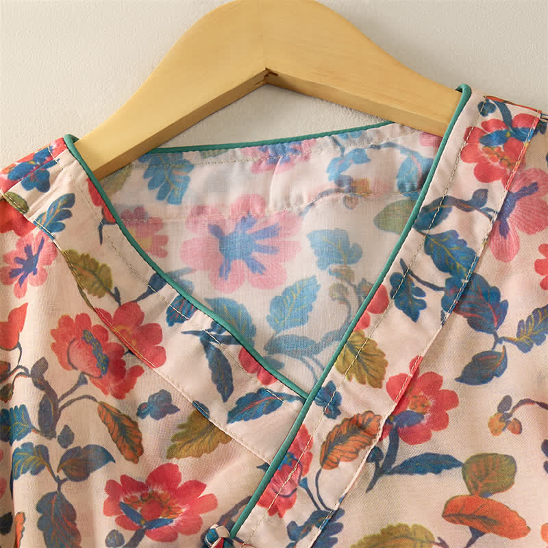 Buddha Stones Summer Tang Style Floral V-Neck Women's Short Sleeve Shirts - image 9