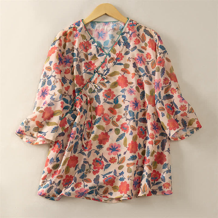 Buddha Stones Summer Tang Style Floral V-Neck Women's Short Sleeve Shirts - image 7