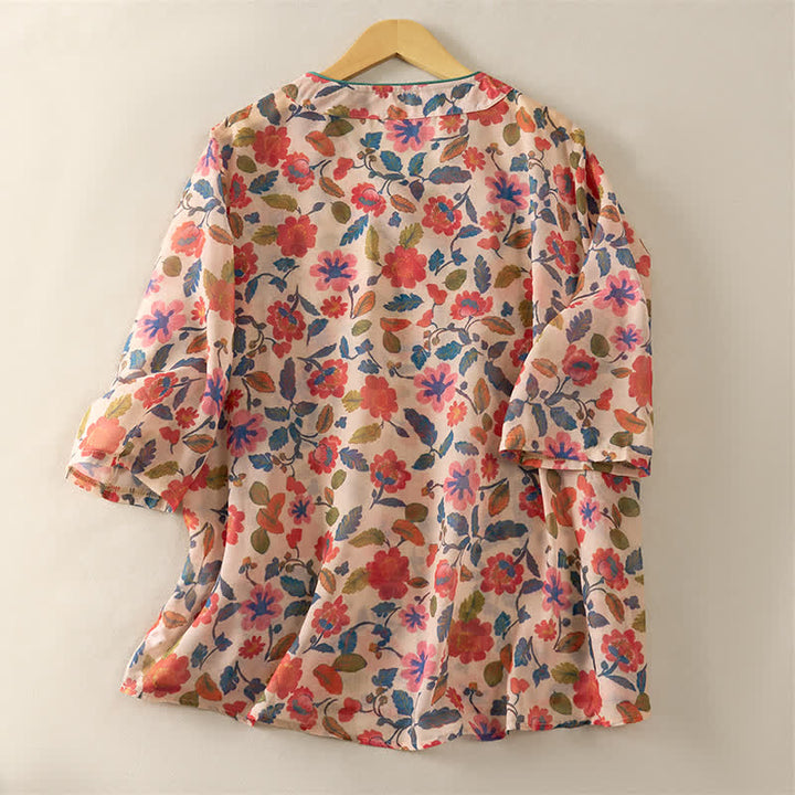 Buddha Stones Summer Tang Style Floral V-Neck Women's Short Sleeve Shirts - image 8