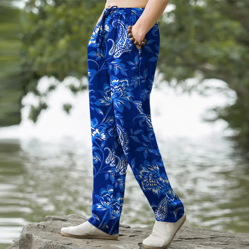 Buddha Stones Cotton Blue Floral Paisley Pattern Men's Tapered Pants With Pockets - image 5