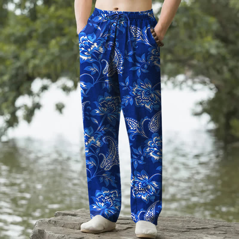Buddha Stones Cotton Blue Floral Paisley Pattern Men's Tapered Pants With Pockets - RoyalBlue - US/UK/AU50，EU60 (5XL) - image 4
