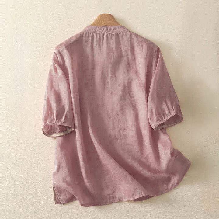 Buddha Stones Summer Tang Style Embroidery Flowers Mandarin Collar Solid Women's Short Sleeve Shirt - image 12