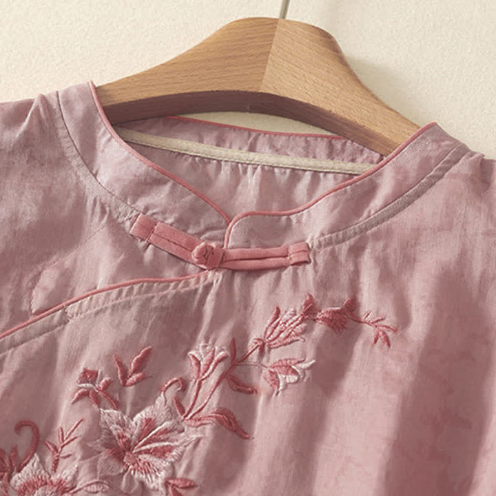 Buddha Stones Summer Tang Style Embroidery Flowers Mandarin Collar Solid Women's Short Sleeve Shirt - image 13