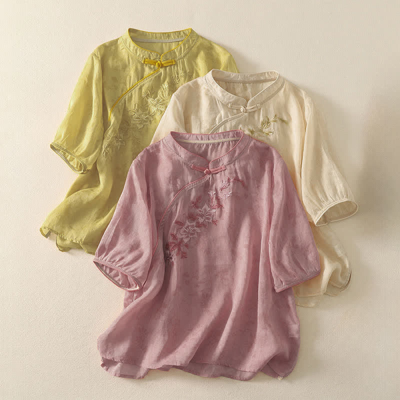 Buddha Stones Summer Tang Style Embroidery Flowers Mandarin Collar Solid Women's Short Sleeve Shirt - image 21