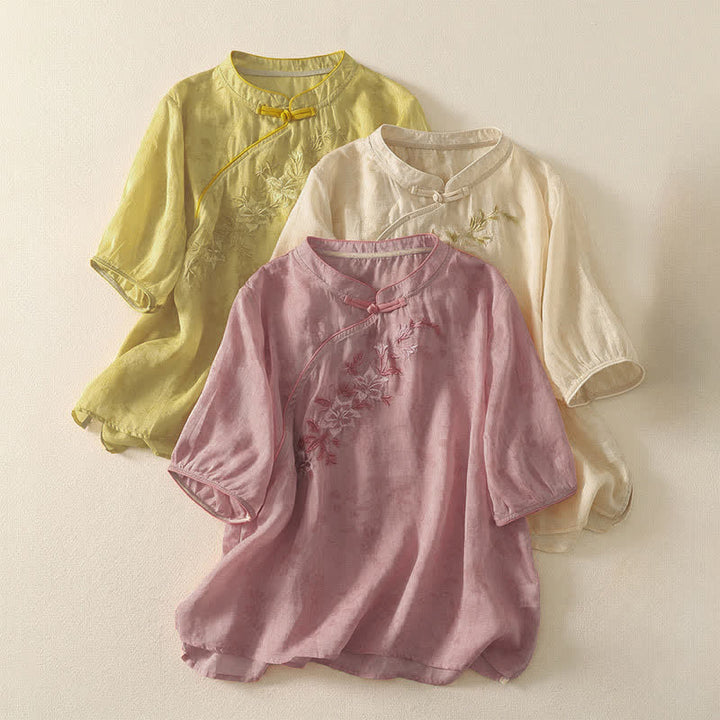 Buddha Stones Summer Tang Style Embroidery Flowers Mandarin Collar Solid Women's Short Sleeve Shirt - image 21