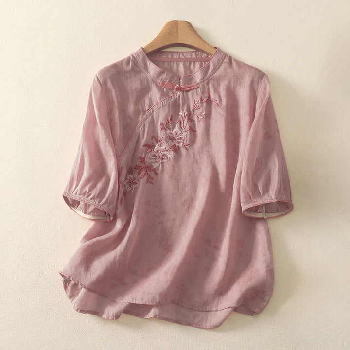 Buddha Stones Summer Tang Style Embroidery Flowers Mandarin Collar Solid Women's Short Sleeve Shirt - PeachPuff - US8-10，UK/AU12-14，EU40-42 (2XL) - image 11