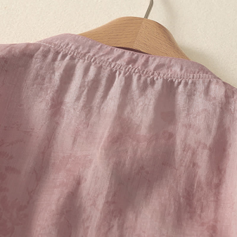 Buddha Stones Summer Tang Style Embroidery Flowers Mandarin Collar Solid Women's Short Sleeve Shirt - image 14