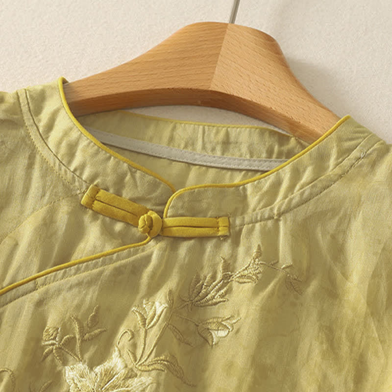 Buddha Stones Summer Tang Style Embroidery Flowers Mandarin Collar Solid Women's Short Sleeve Shirt - image 1