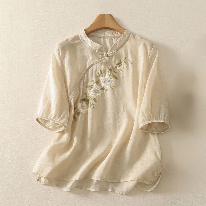 Buddha Stones Summer Tang Style Embroidery Flowers Mandarin Collar Solid Women's Short Sleeve Shirt - Beige - US8-10，UK/AU12-14，EU40-42 (2XL) - image 6