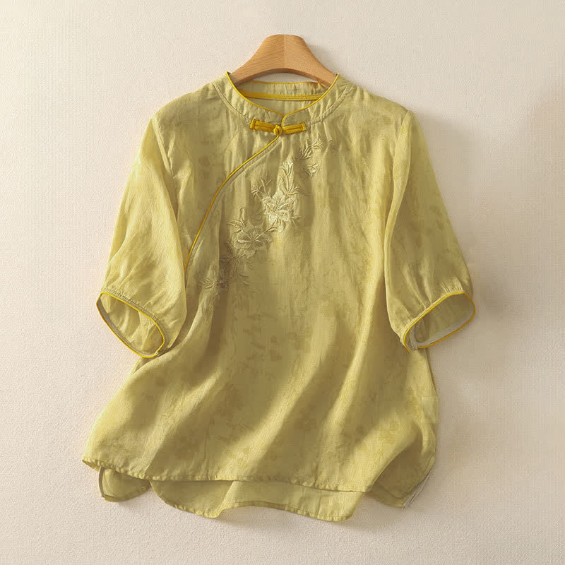 Buddha Stones Summer Tang Style Embroidery Flowers Mandarin Collar Solid Women's Short Sleeve Shirt - khaki - US8-10，UK/AU12-14，EU40-42 (2XL) - image 0