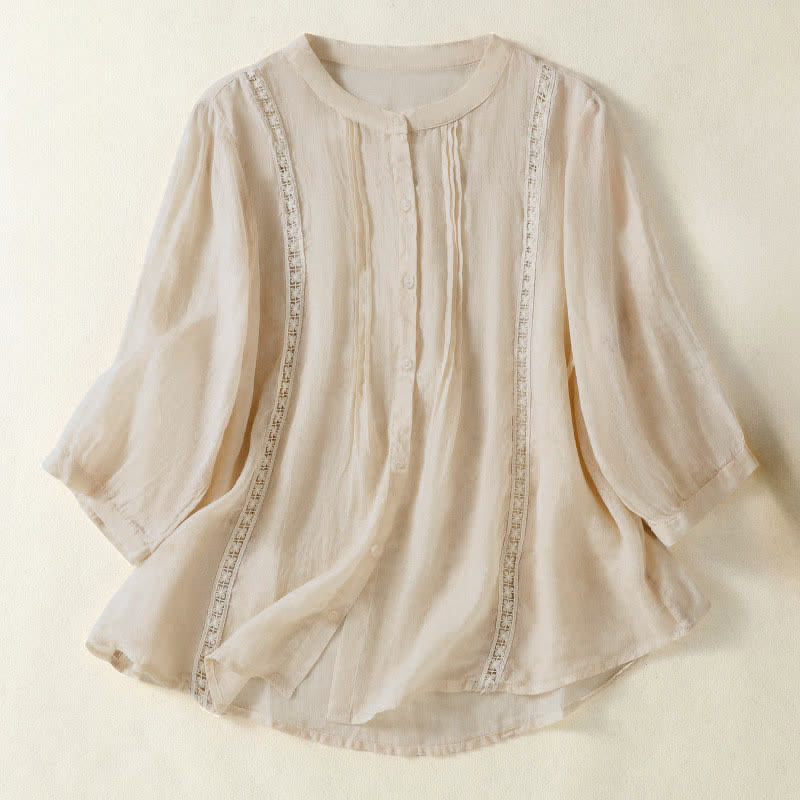 Buddha Stones Summer Vintage Button-Up Solid Women's Elbow-Length Sleeve Shirts - Beige - US8-10，UK/AU12-14，EU40-42 (2XL) - image 12