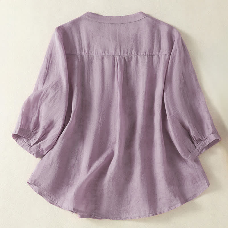 Buddha Stones Summer Vintage Button-Up Solid Women's Elbow-Length Sleeve Shirts - image 20