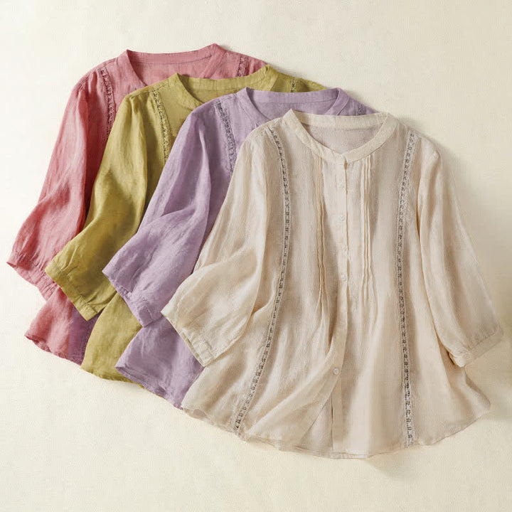 Buddha Stones Summer Vintage Button-Up Solid Women's Elbow-Length Sleeve Shirts - image 26