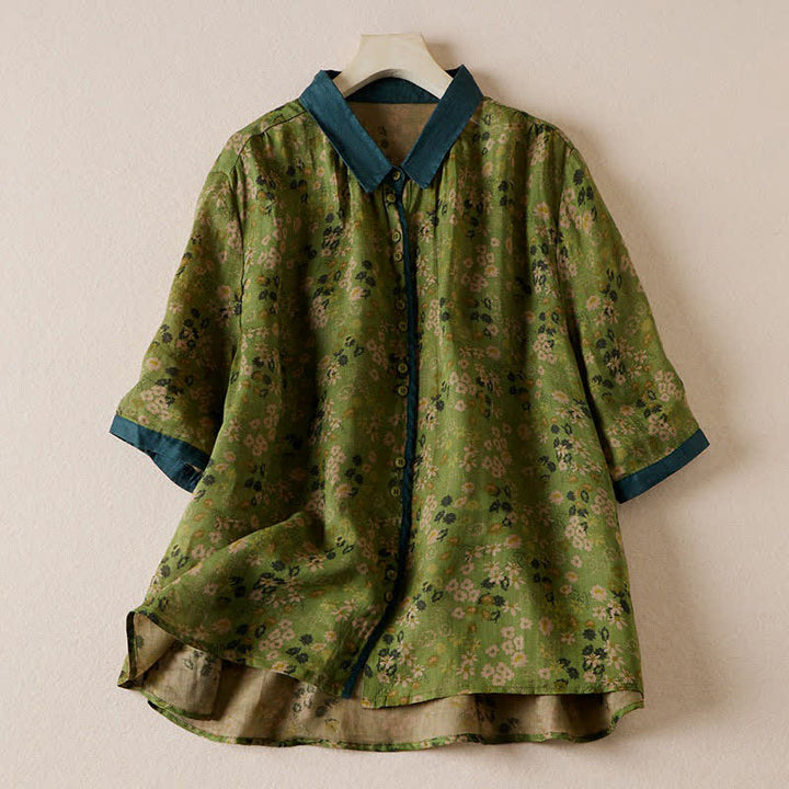 Buddha Stones Summer Vintage Button-Up Floral Print Women's Short Sleeve Shirts - OliveDrab - US8-10，UK/AU12-14，EU40-42 (2XL) - image 0
