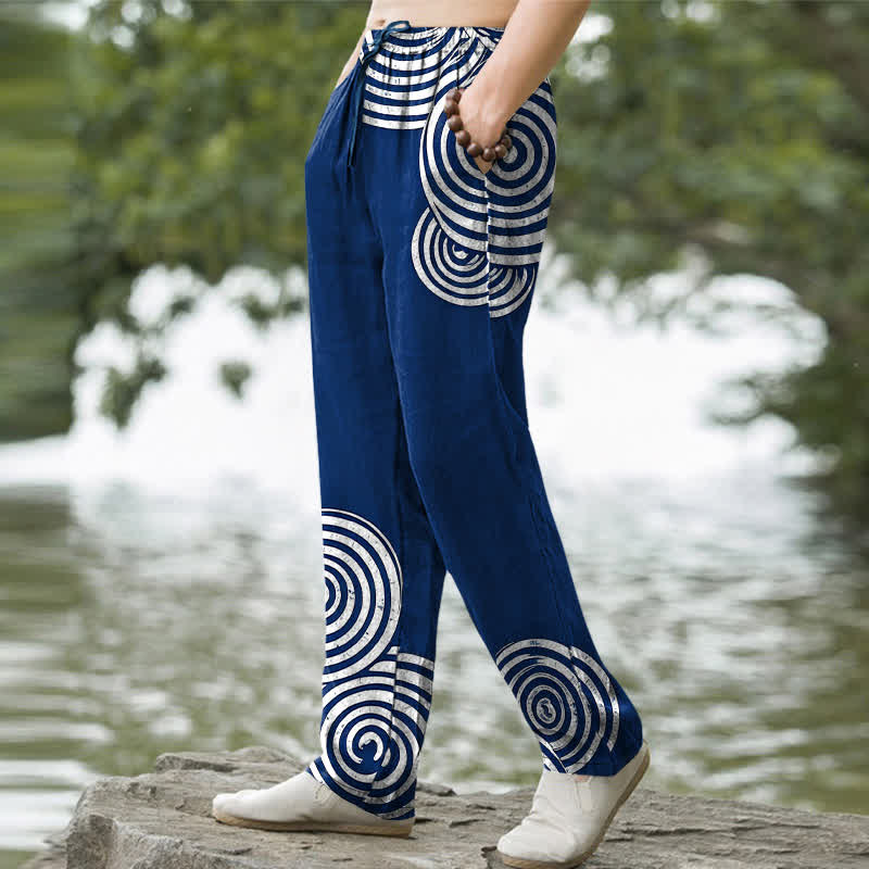 Buddha Stones Pure Cotton Concentric Circle Pattern Men's Tapered Pants With Pockets - image 1