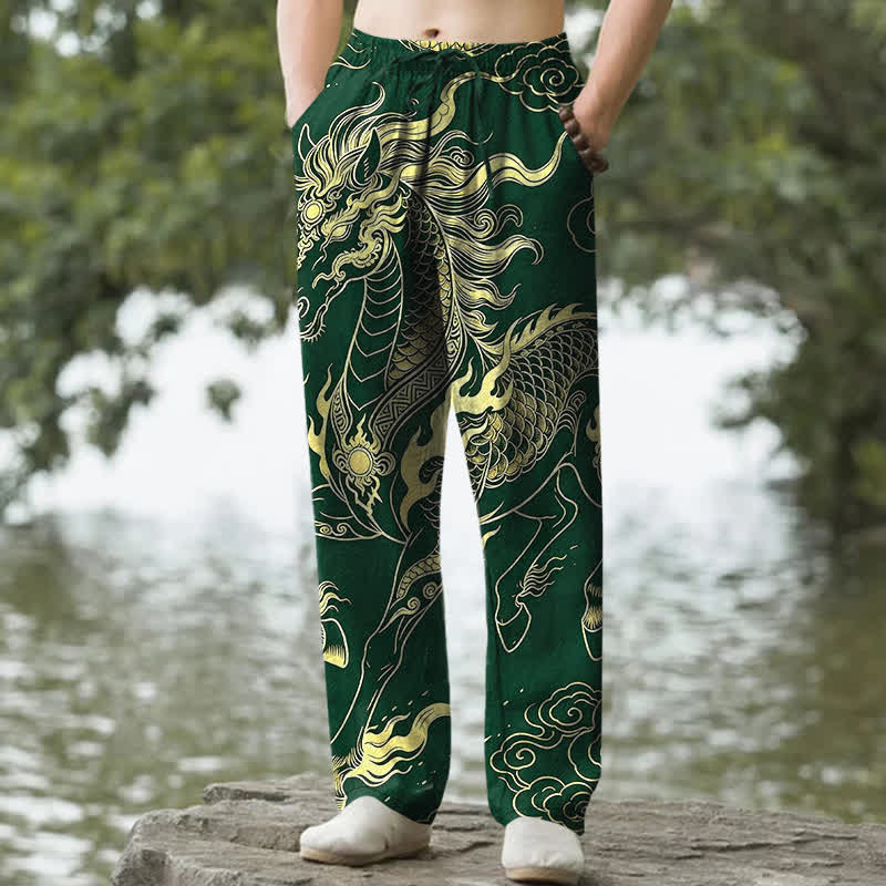 Buddha Stones Cotton Golden Dragon Auspicious Clouds Pattern Men's Tapered Pants With Pockets - ForestGreen - US/UK/AU50，EU60 (5XL) - image 4