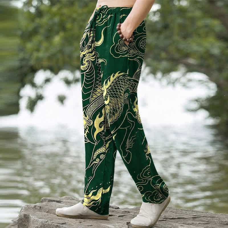 Buddha Stones Cotton Golden Dragon Auspicious Clouds Pattern Men's Tapered Pants With Pockets - image 5