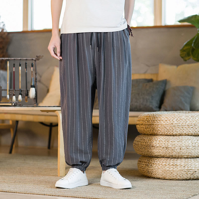 Buddha Stones Summer Casual Drawstring Striped Men's Harem Pants With Pockets - DimGray - US/UK/AU50，EU60 (5XL) - image 0