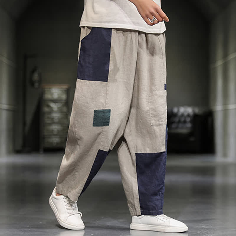 Buddha Stones Spring Casual Color Block Cotton Linen Cropped Men's Harem Pants With Pockets - image 1
