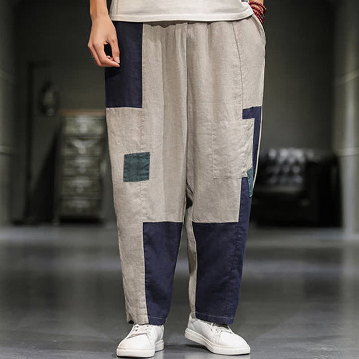 Buddha Stones Spring Casual Color Block Cotton Linen Cropped Men's Harem Pants With Pockets - image 6