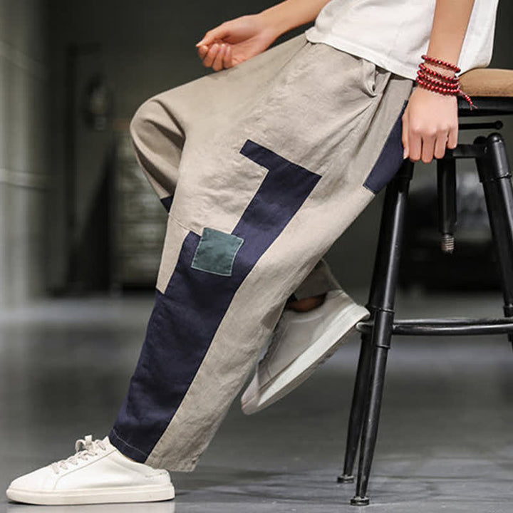 Buddha Stones Spring Casual Color Block Cotton Linen Cropped Men's Harem Pants With Pockets - image 9