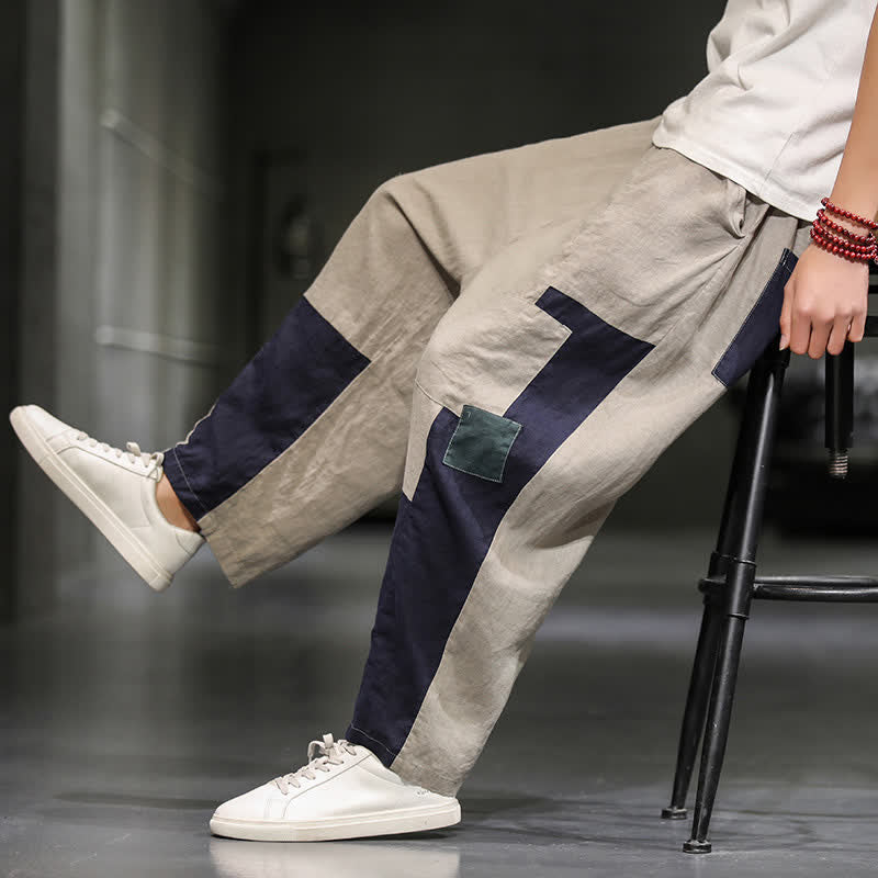 Buddha Stones Spring Casual Color Block Cotton Linen Cropped Men's Harem Pants With Pockets - image 10