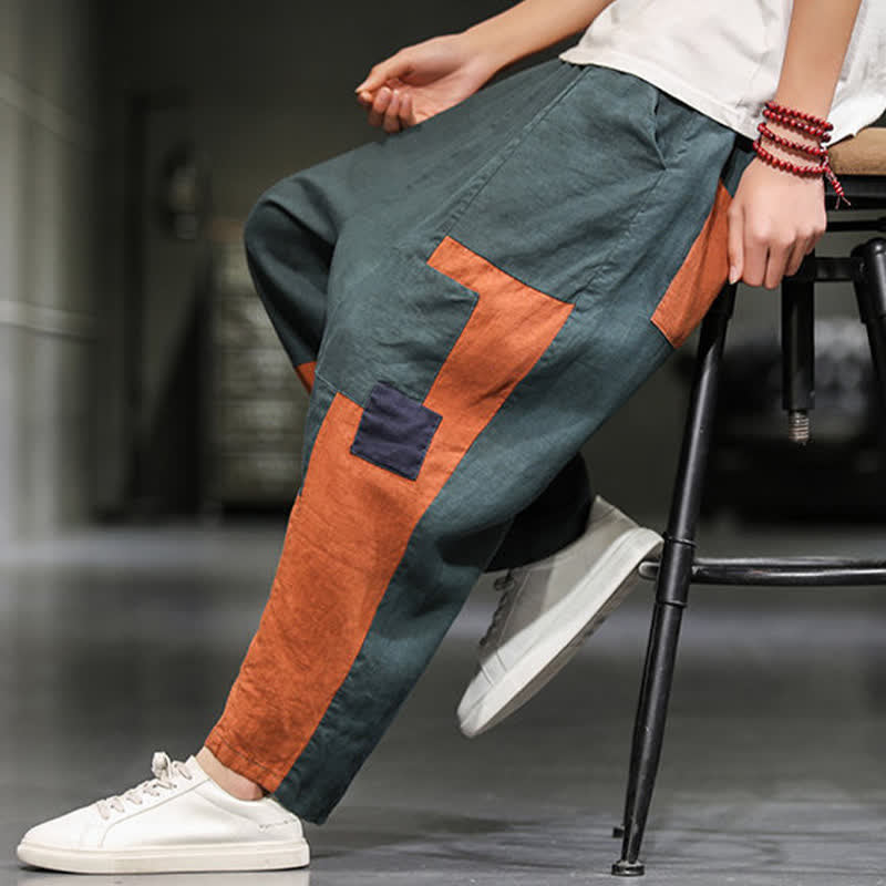 Buddha Stones Spring Casual Color Block Cotton Linen Cropped Men's Harem Pants With Pockets - image 18