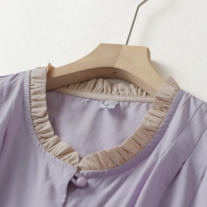 Buddha Stones Summer Casual Button Up Solid Ruffled Collar Cotton Women's Short Sleeve Shirt - image 8