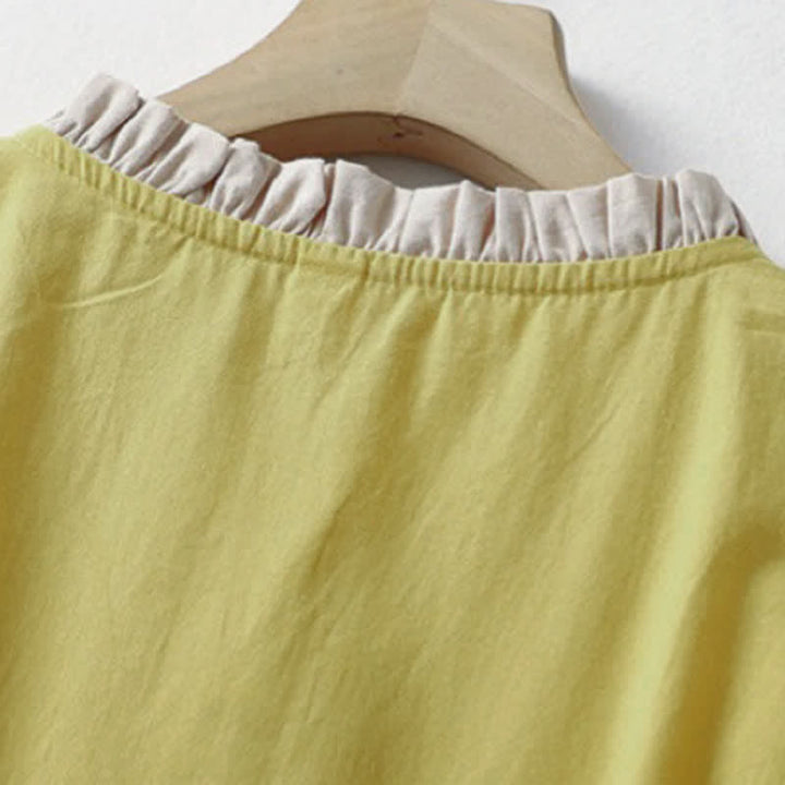 Buddha Stones Summer Casual Button Up Solid Ruffled Collar Cotton Women's Short Sleeve Shirt - image 3