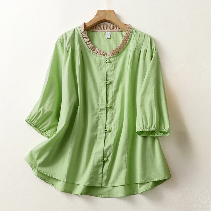 Buddha Stones Summer Casual Button Up Solid Ruffled Collar Cotton Women's Short Sleeve Shirt - PaleGreen - US8-10，UK/AU12-14，EU40-42 (2XL) - image 12