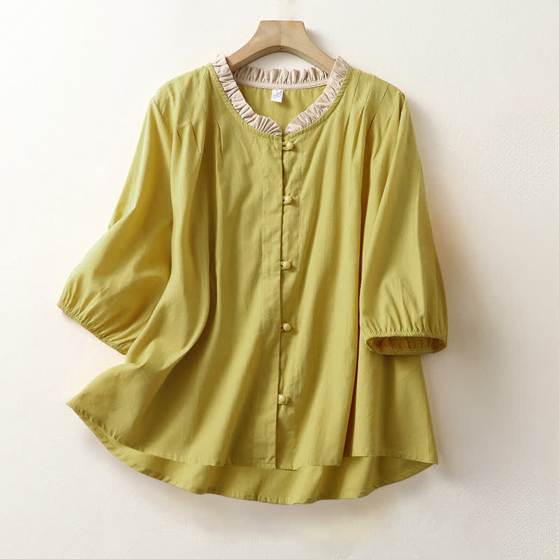 Buddha Stones Summer Casual Button Up Solid Ruffled Collar Cotton Women's Short Sleeve Shirt - Goldenrod - US8-10，UK/AU12-14，EU40-42 (2XL) - image 0