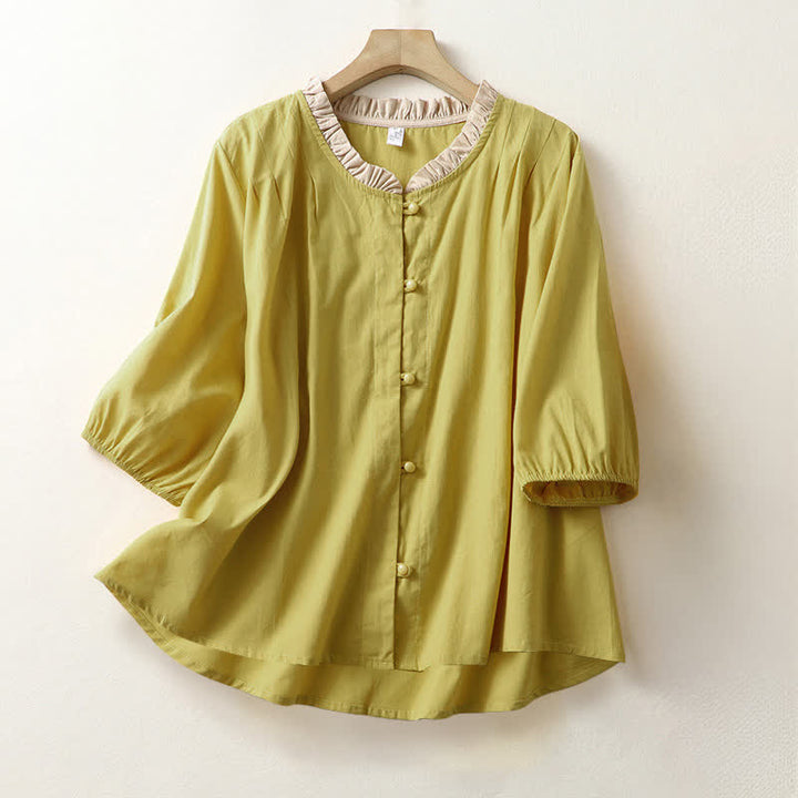 Buddha Stones Summer Casual Button Up Solid Ruffled Collar Cotton Women's Short Sleeve Shirt - Goldenrod - US8-10，UK/AU12-14，EU40-42 (2XL) - image 0