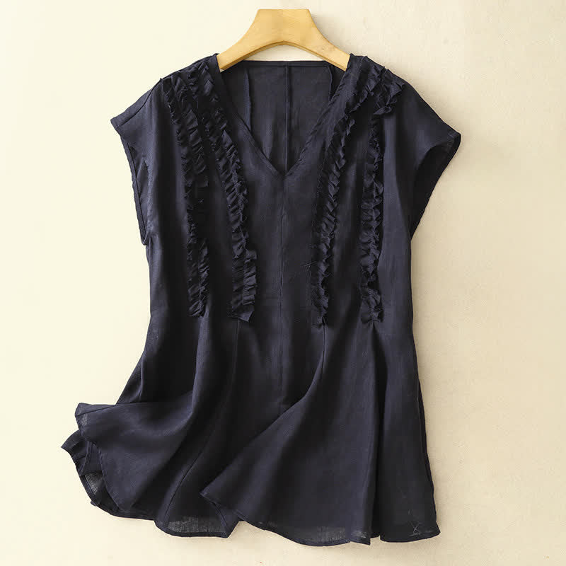 Buddha Stones Summer Casual Solid V-Neck Vertical Ruffle Pleat Women's Sleeveless T-Shirts Tank Top - image 9