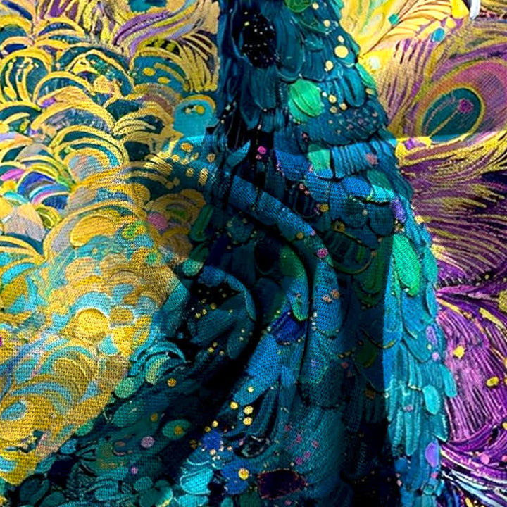 Buddha Stones Cotton Linen Peacock Feather Pattern Women's Elastic Waist Wide Leg Pants With Pockets - image 3