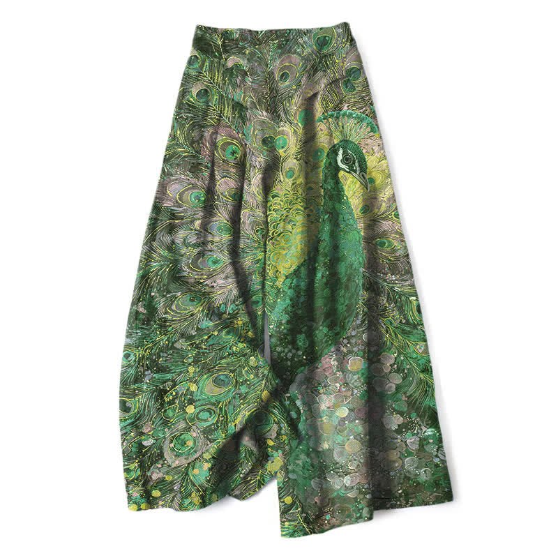 Buddha Stones Cotton Linen Peacock Feather Pattern Women's Elastic Waist Wide Leg Pants With Pockets - ForestGreen - US16，UK/AU20，EU48 (3XL) - image 4