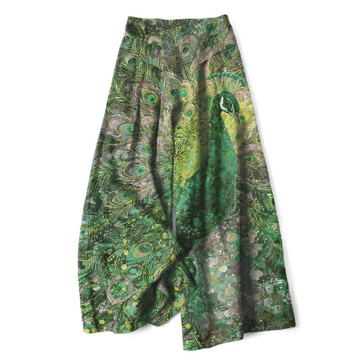 Buddha Stones Cotton Linen Peacock Feather Pattern Women's Elastic Waist Wide Leg Pants With Pockets - ForestGreen - US16，UK/AU20，EU48 (3XL) - image 4