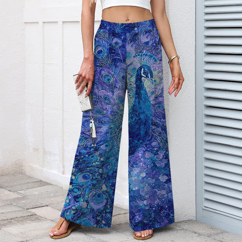 Buddha Stones Cotton Linen Peacock Feather Pattern Women's Elastic Waist Wide Leg Pants With Pockets - image 7