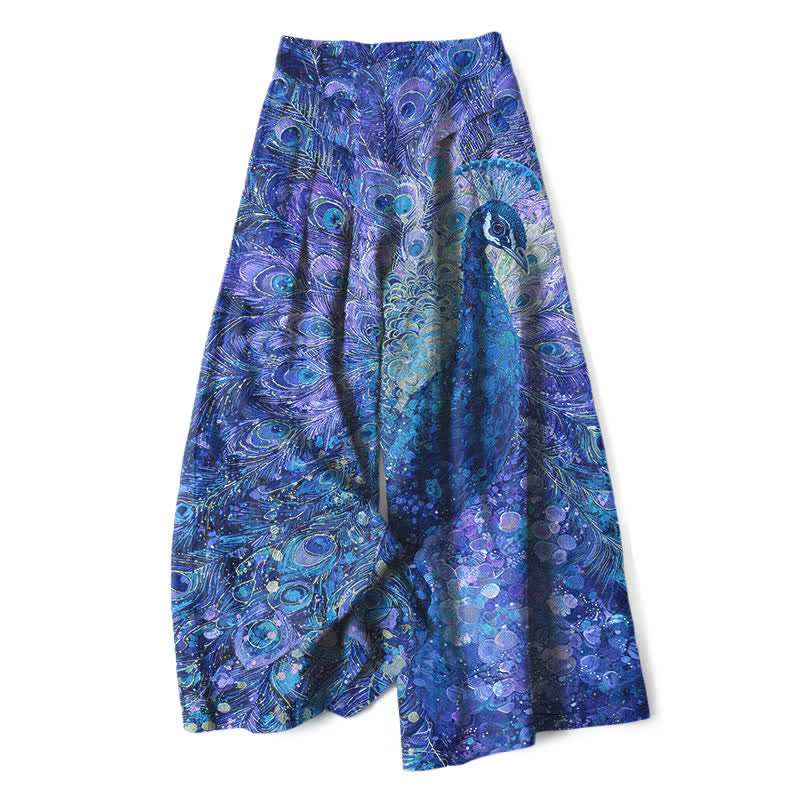 Buddha Stones Cotton Linen Peacock Feather Pattern Women's Elastic Waist Wide Leg Pants With Pockets - RoyalBlue - US16，UK/AU20，EU48 (3XL) - image 6