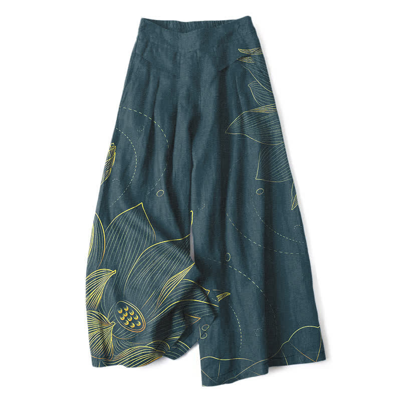 Buddha Stones Cotton Linen Lotus Line Art Pattern Women's Elastic Waist Wide Leg Pants With Pockets - Teal - US16，UK/AU20，EU48 (3XL) - image 0
