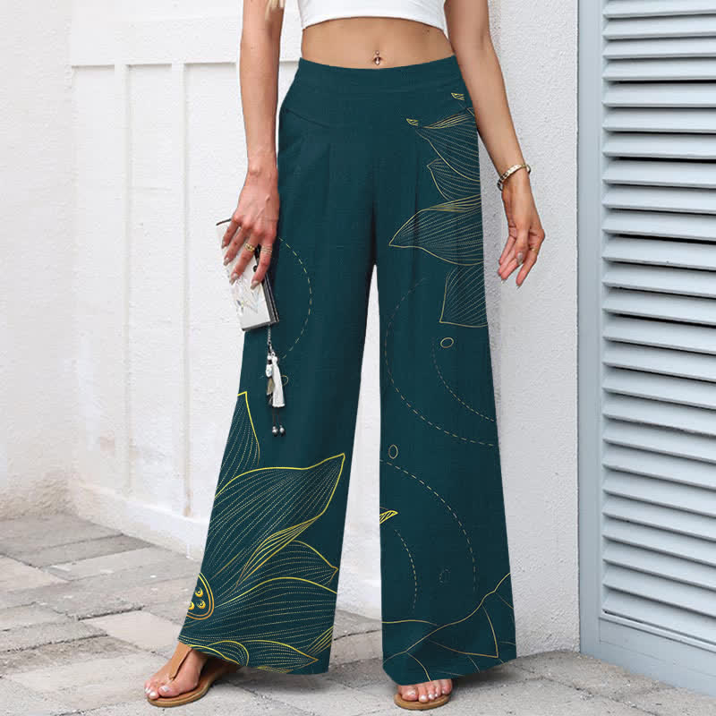 Buddha Stones Cotton Linen Lotus Line Art Pattern Women's Elastic Waist Wide Leg Pants With Pockets - image 1