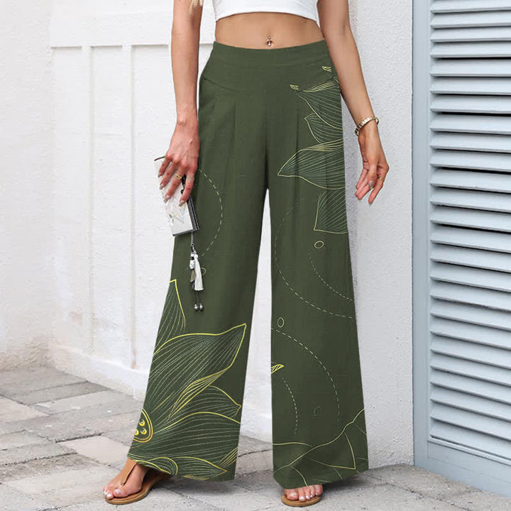 Buddha Stones Cotton Linen Lotus Line Art Pattern Women's Elastic Waist Wide Leg Pants With Pockets - image 5
