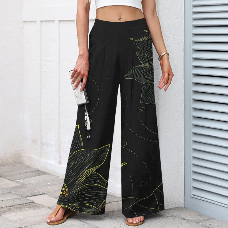 Buddha Stones Cotton Linen Lotus Line Art Pattern Women's Elastic Waist Wide Leg Pants With Pockets - image 7