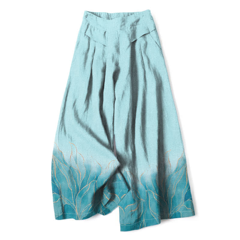 Buddha Stones Cotton Linen Gradient Leaf Pattern Women's Elastic Waist Wide Leg Pants With Pockets - PaleTurquoise - US16，UK/AU20，EU48 (3XL) - image 0