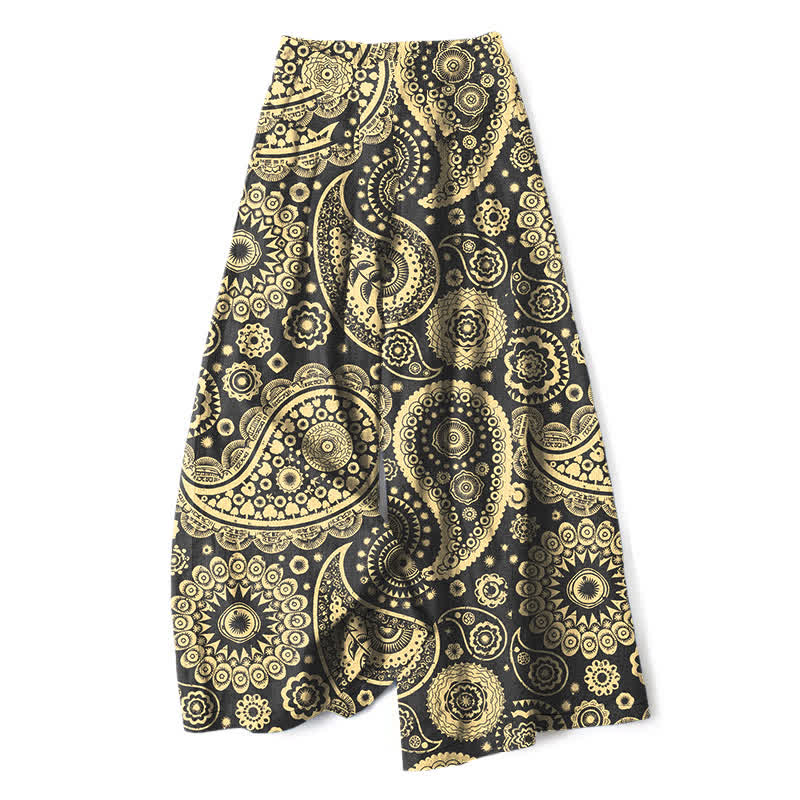 Buddha Stones Cotton Linen Bohemian Paisley Pattern Women's Elastic Waist Wide Leg Pants With Pockets - DarkKhaki - US16，UK/AU20，EU48 (3XL) - image 4