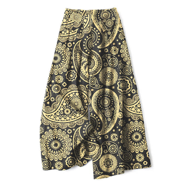 Buddha Stones Cotton Linen Bohemian Paisley Pattern Women's Elastic Waist Wide Leg Pants With Pockets - DarkKhaki - US16，UK/AU20，EU48 (3XL) - image 4