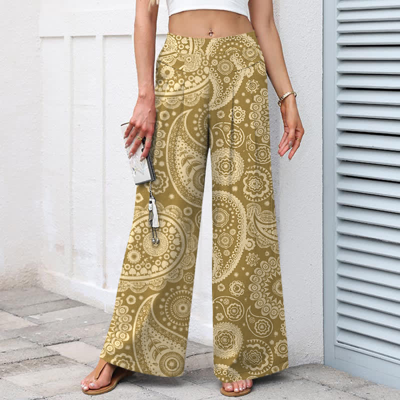 Buddha Stones Cotton Linen Bohemian Paisley Pattern Women's Elastic Waist Wide Leg Pants With Pockets - image 7