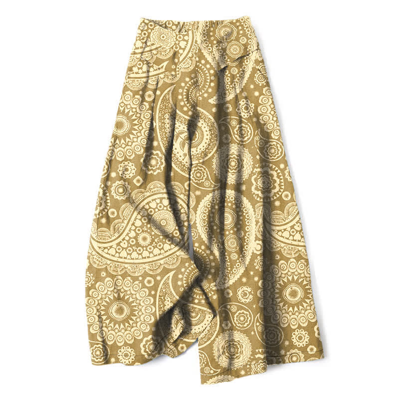 Buddha Stones Cotton Linen Bohemian Paisley Pattern Women's Elastic Waist Wide Leg Pants With Pockets - Khaki - US16，UK/AU20，EU48 (3XL) - image 6