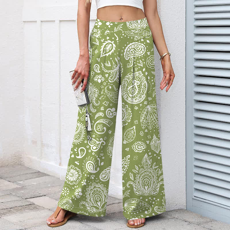 Buddha Stones Cotton Linen Olive Paisley Pattern Women's Elastic Waist Wide Leg Pants With Pockets - image 1